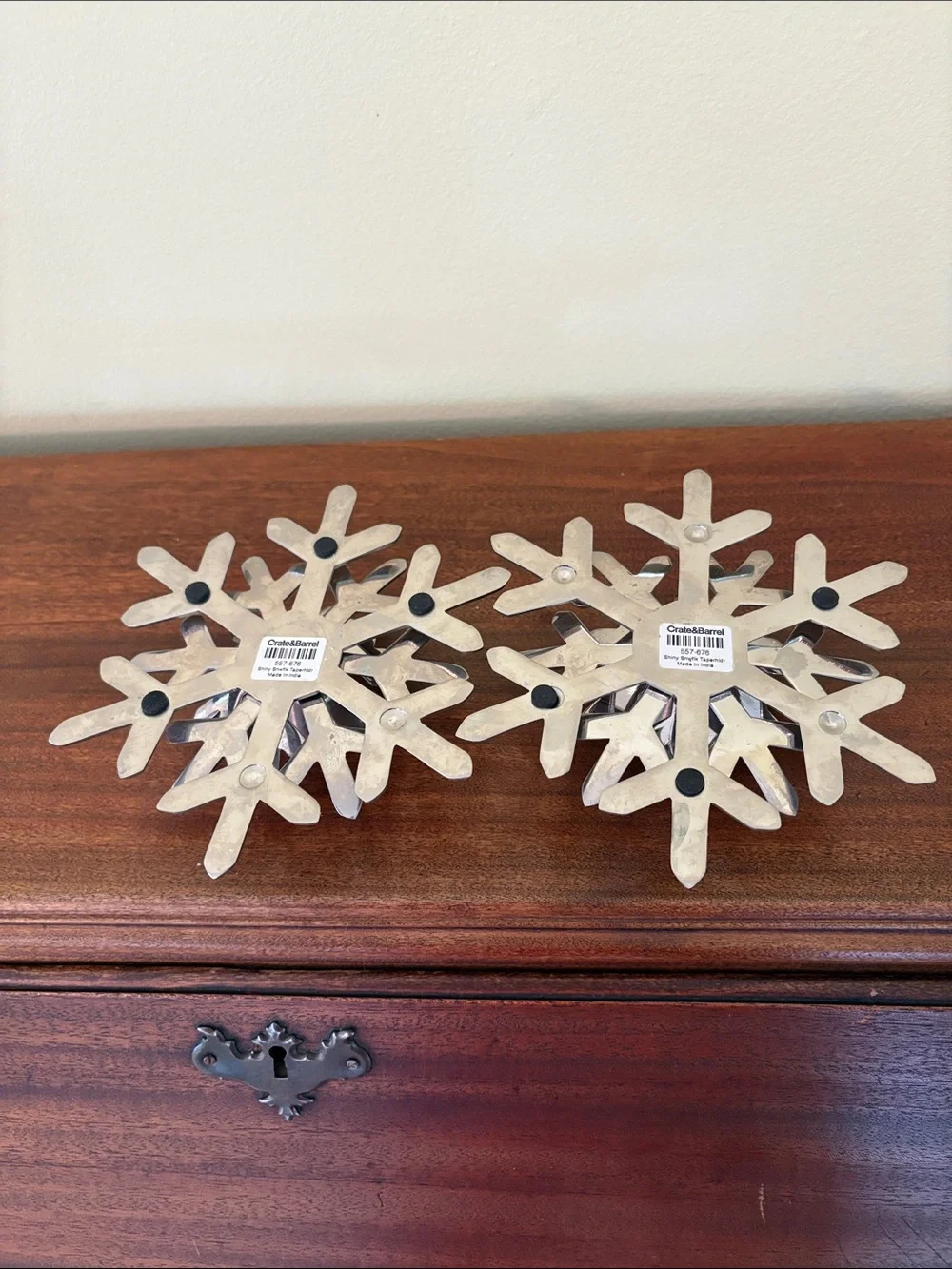 Crate&Barrel Silver Snowflake Candleholders (Set of 2) GUC